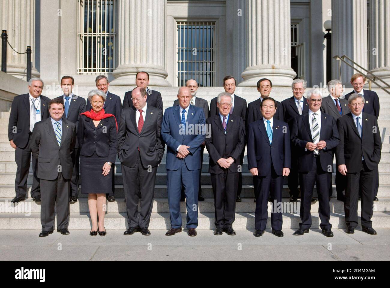 G7 finance ministers (front row) and central bank governors (back row) gather for a group picture during meetings at the U.S. Treasury Department in Washington April 11 2008. Front row (L-R): Canadian Finance Minister Jim Flaherty French Finance Minister Christine Lagarde German Finance Minister Peer Steinbrueck U.S. Treasury Secretary Henry Paulson Italy's Finance Minister Tommaso Padoa-Schioppa Japan's Finance Minister Fukushiro Nukaga UK Chancellor of the Exchequer Alistair Darling and Jean-Claude Juncker Chairman of the Eurogroup. Back row (L-R): IMF Managing Director Dominique Strauss-Kah Stock Photo