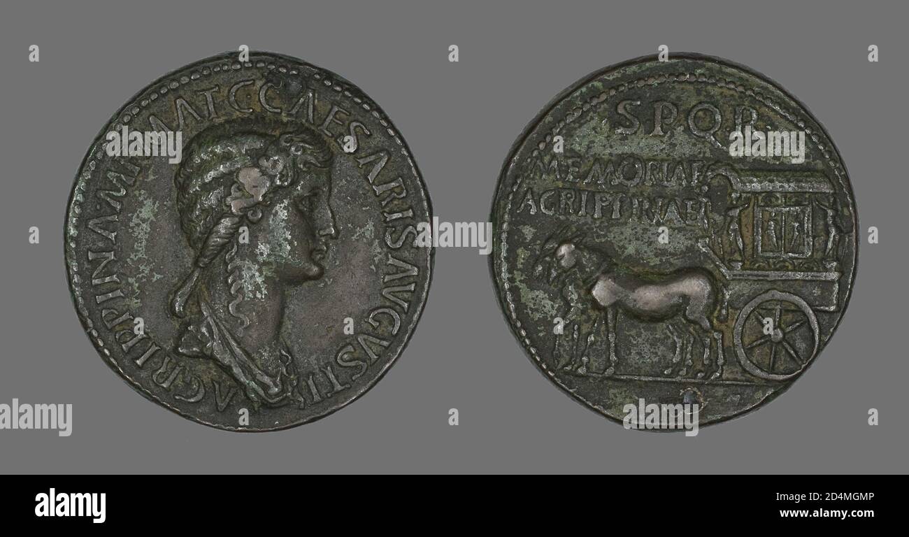 The front of this coin portrays the empress Agrippina facing right. The coin was struck after her death. Stock Photo