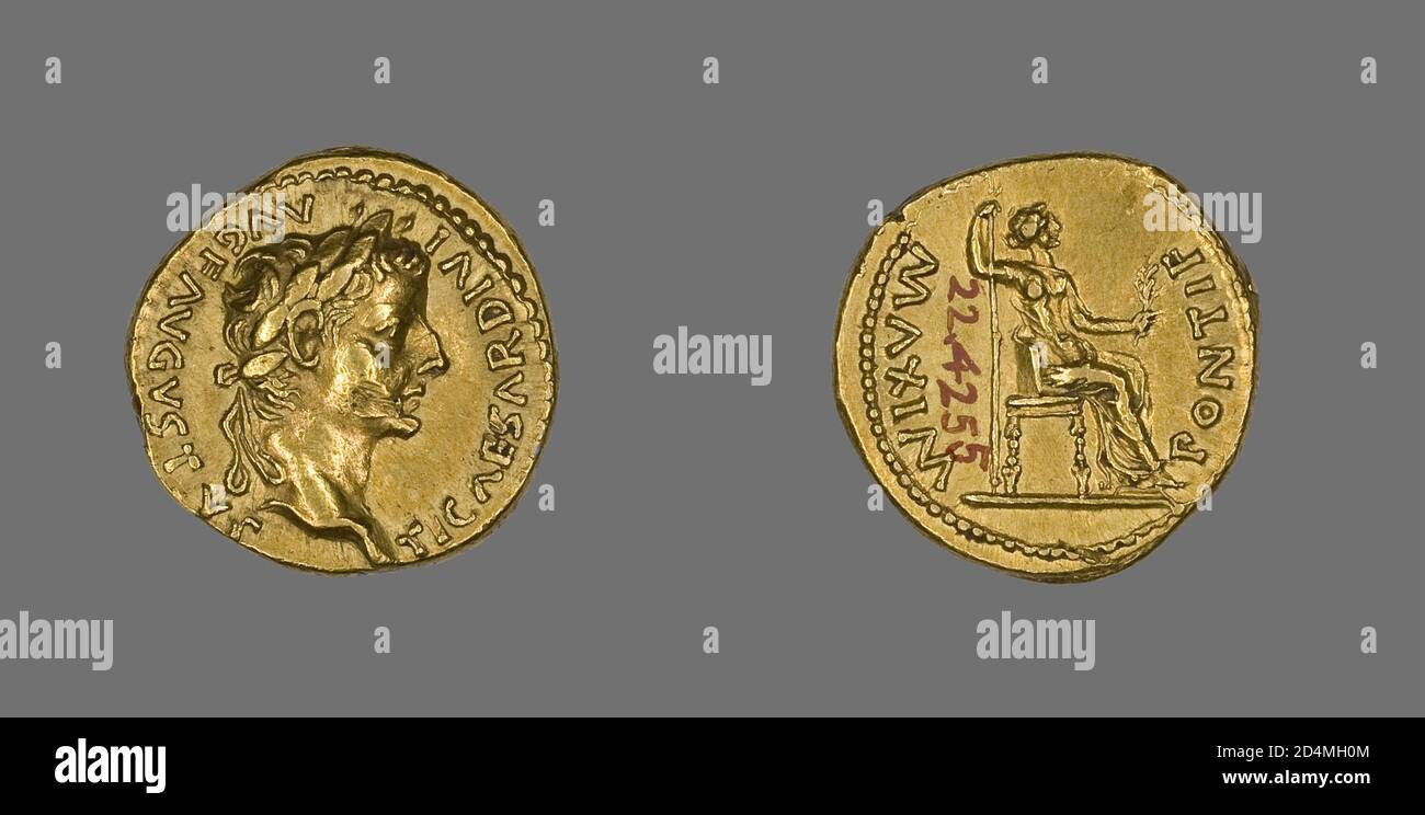 The front of this coin portrays the Emperor Tiberius facing right and wearing a crown of laurels. He is encircled by the inscription TICAESARDIVI AUGFAUGUSTUS and a partial border of dots. Stock Photo