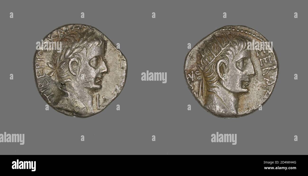 The front (obverse) of this coin portrayys the head of Emperor Tiberius