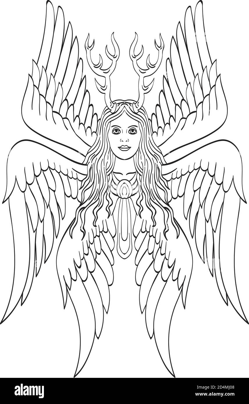Tattoo style illustration of seraph or seraphim, a six-winged fiery angel with six wings and deer antlers viewed from front done in black and white. Stock Vector