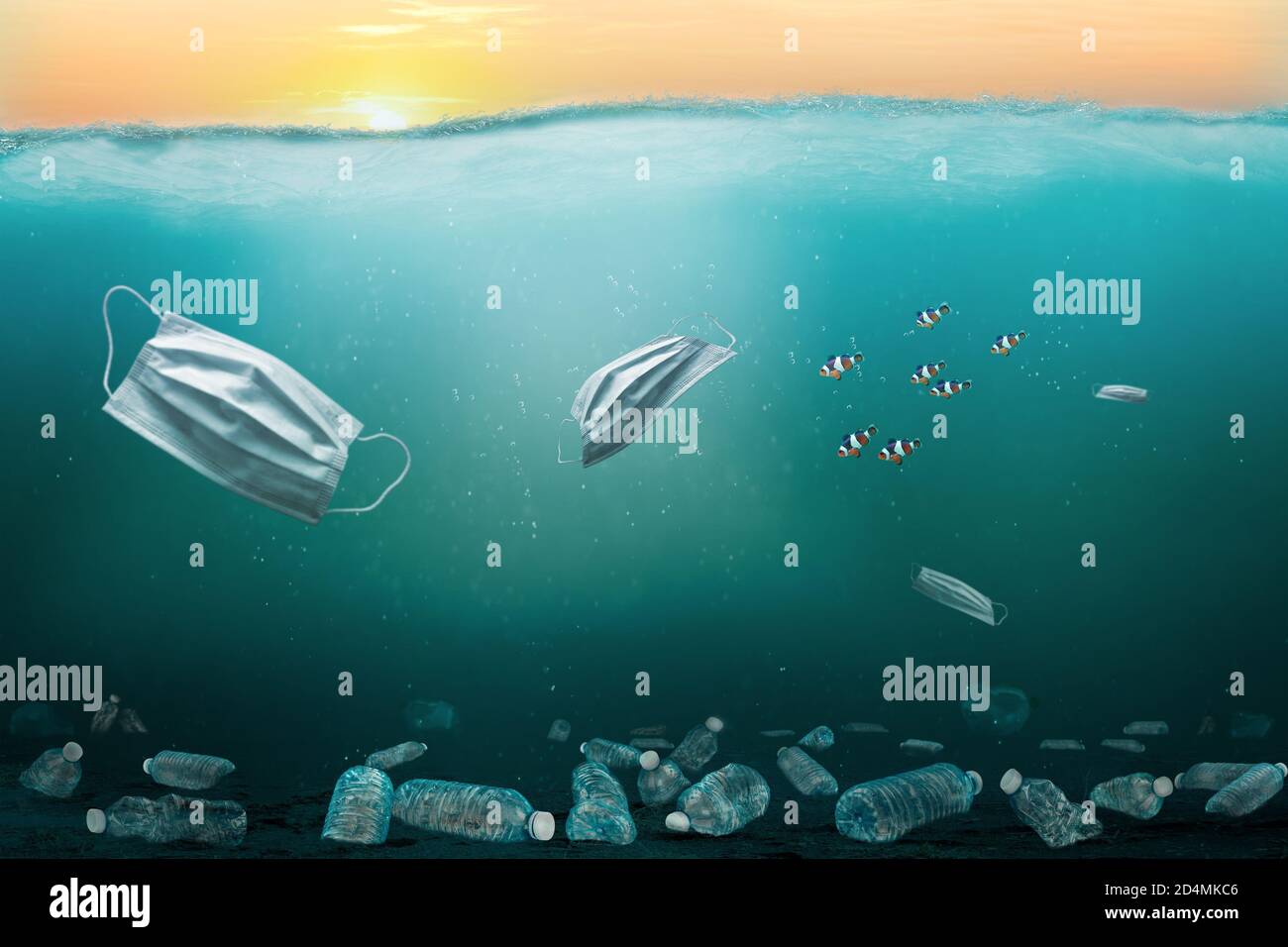 Ocean full of medical masks and plastic trash contributing to marine pollution problem. Surgical masks overuse during the COVID-19 coronavirus pandemi Stock Photo