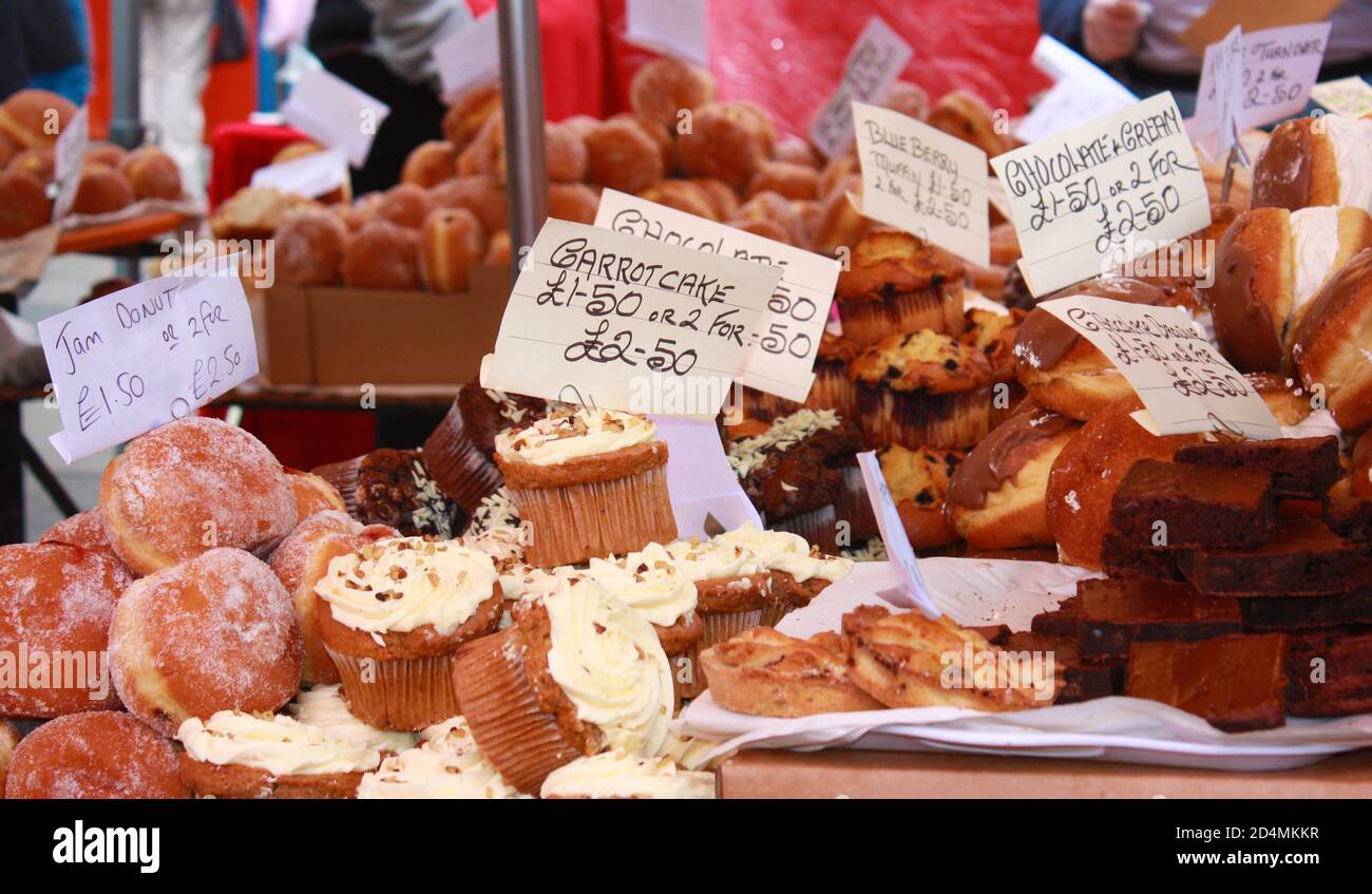 Pastries stall at Portobello market, London Stock Photo Alamy