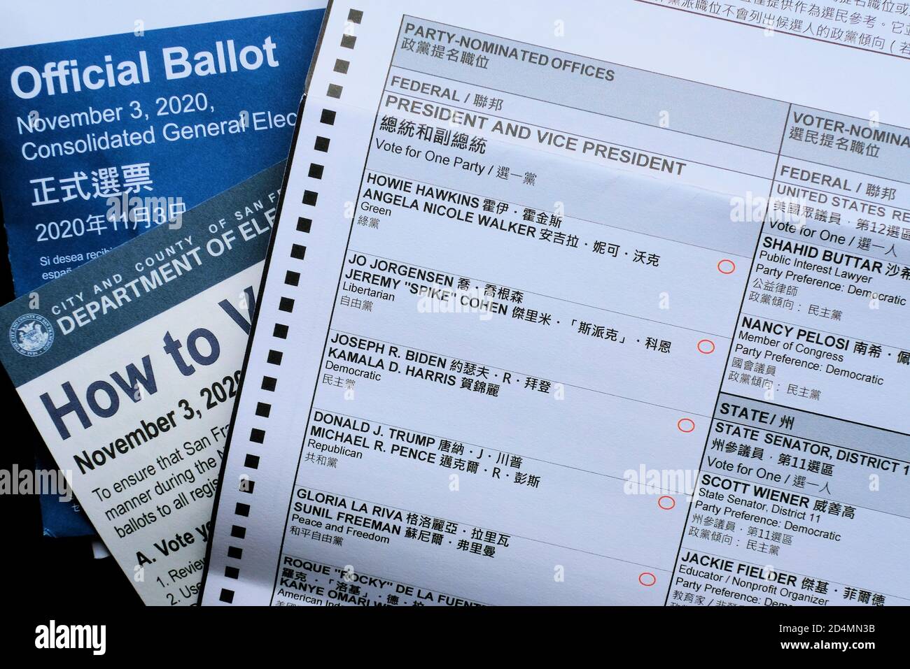 Official ballot for the November 3 2020 presidential election; with President and Vice President party nominated offices. Stock Photo