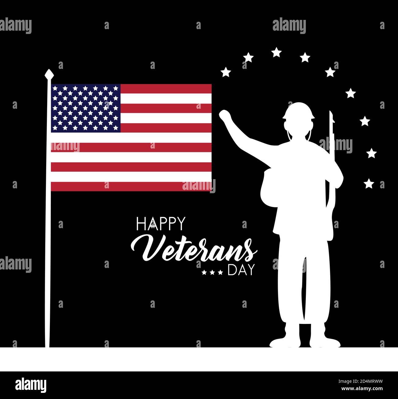 happy veterans day lettering with usa flag and soldier silhouette ...