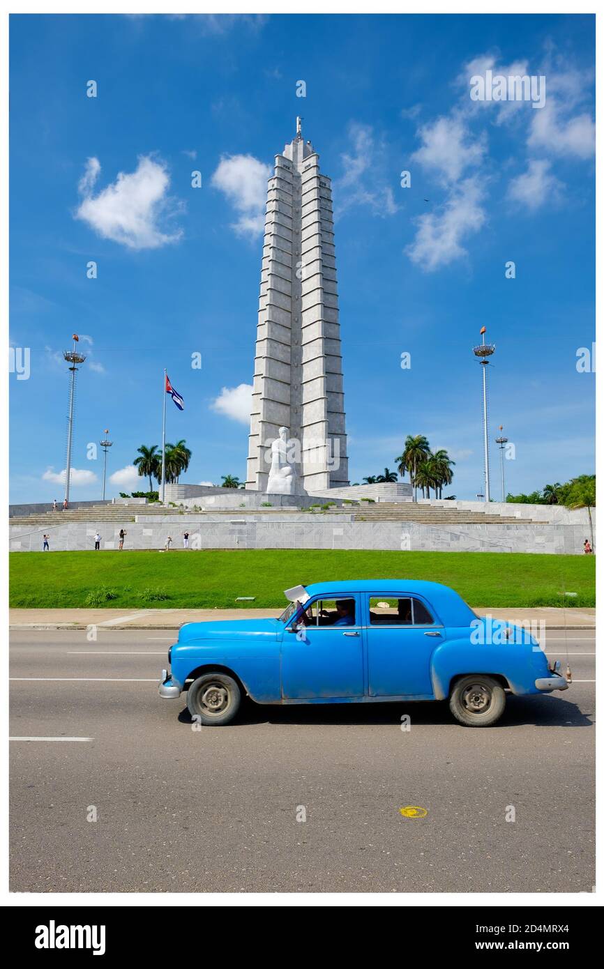 Old american car in front of the Revolution Square in Havana Stock Photo
