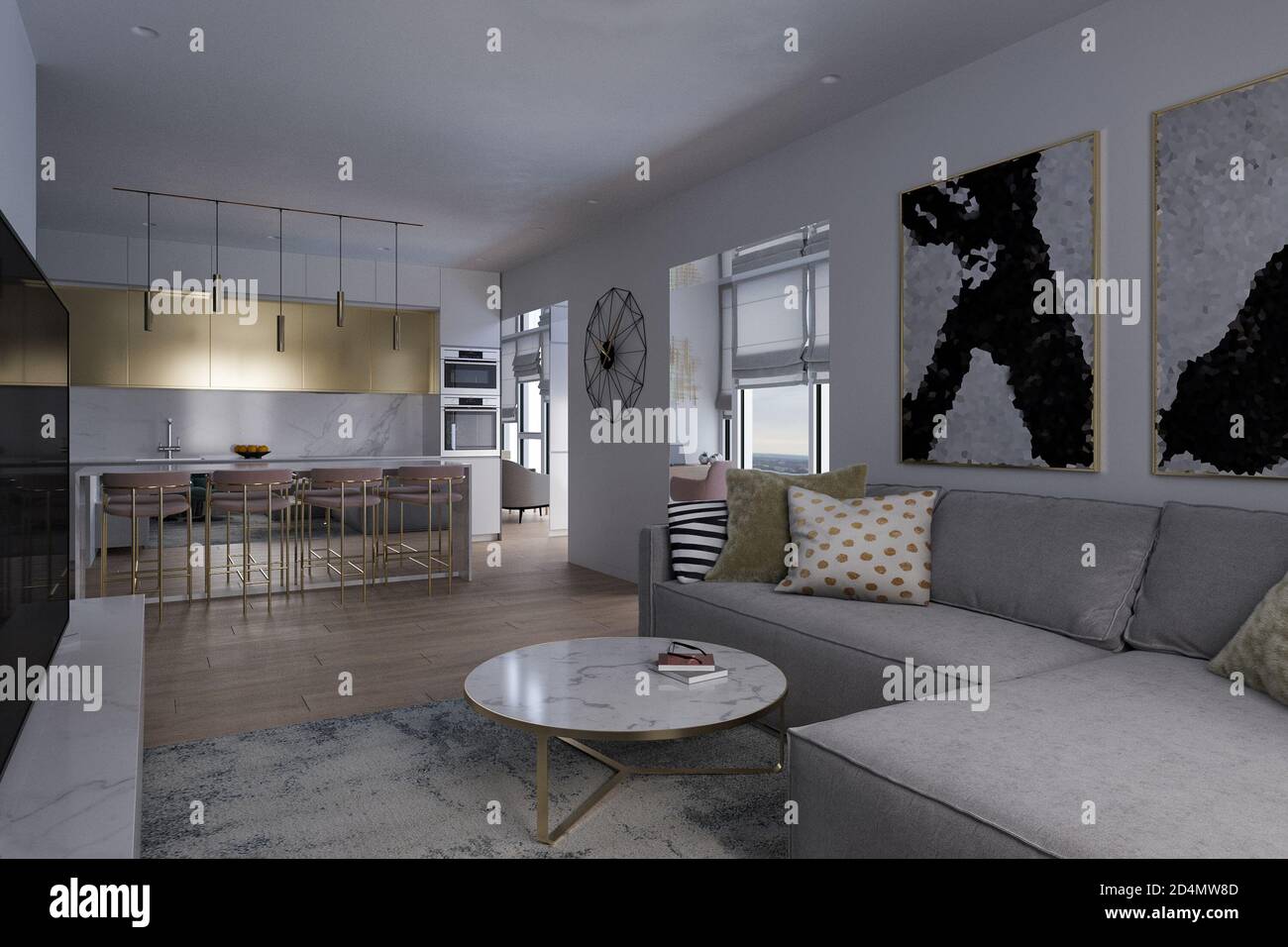 Illustration of an apartment interior design with panoramic windows. 3d ...