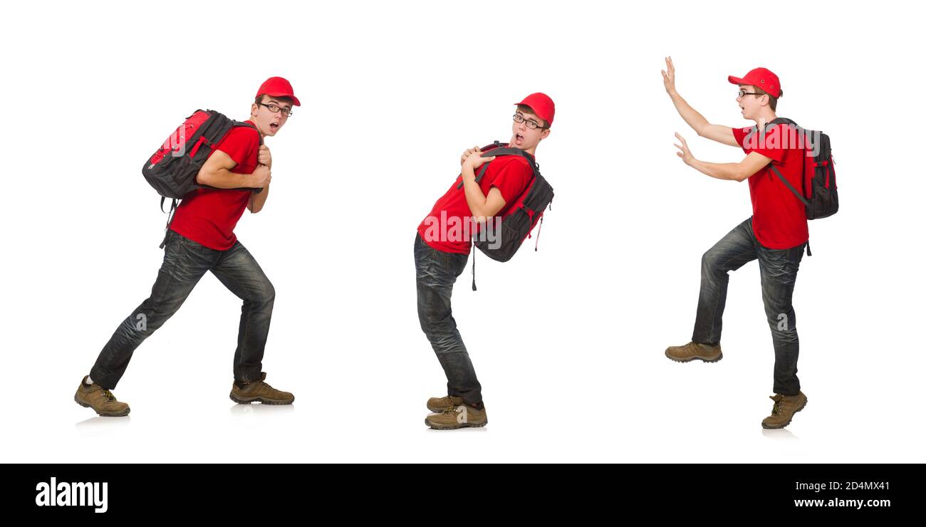 The young traveller with backpack isolated on white Stock Photo - Alamy