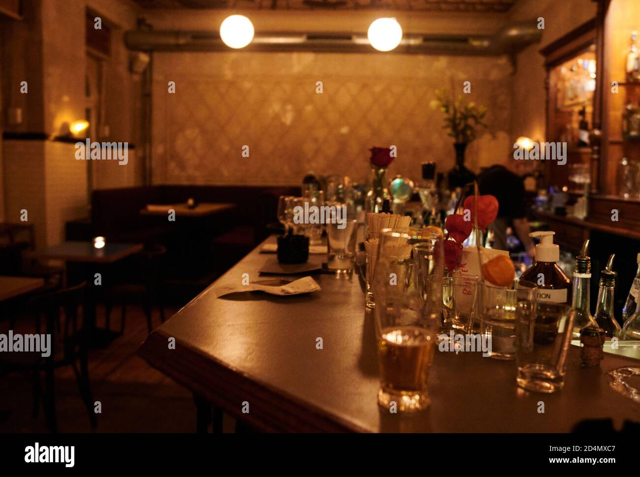 Berlin Germany 10th Oct A Half Empty Beer And Other Used Glasses Are Still On The Counter In A Bar In Neukolln Shortly After Curfew Guests Are No Longer There Due To