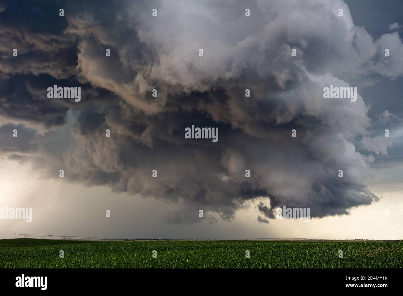 Dramatic dark storm clouds in the sky with rain falling over a field in the Great Plains near Valentine, Nebraska Stock Photo