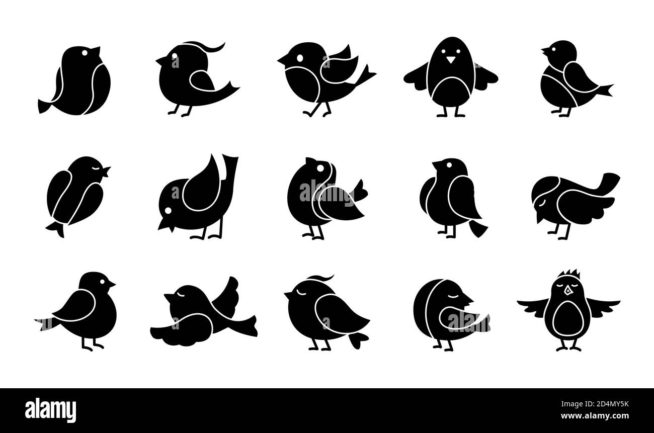 Cute bird glyph cartoon set. Black little birds, different poses