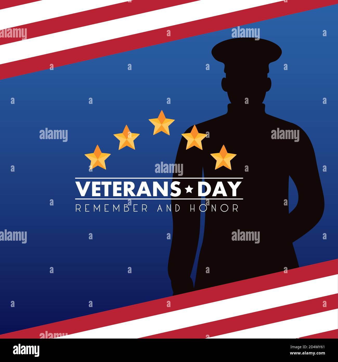 happy veterans day lettering with officer silhouette and usa flag ...