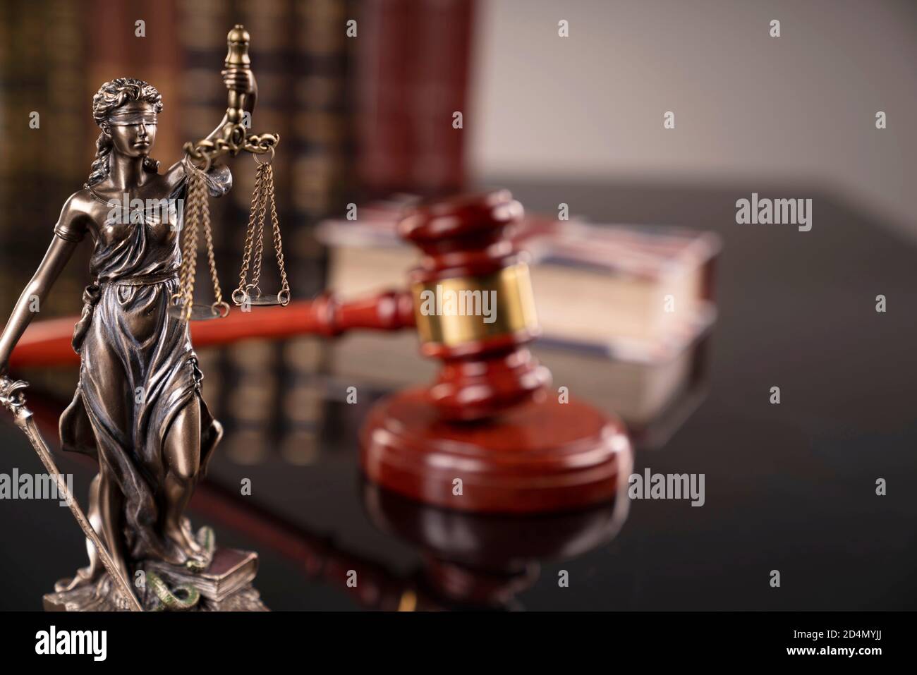 Law theme. Judge chamber. Judge’s gavel, Themis statue and collection