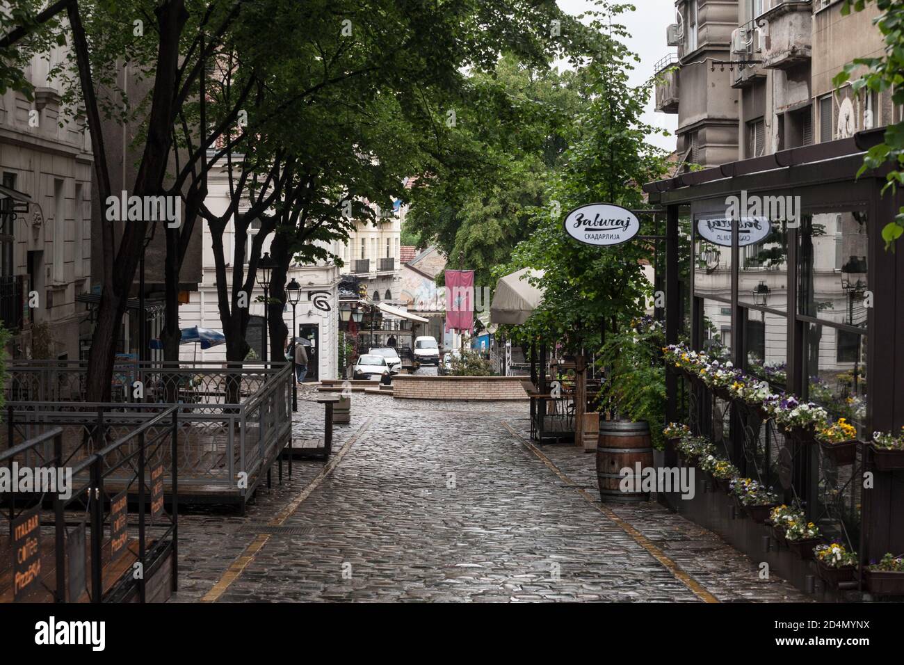 BELGRADE, SERBIA - MAY 2, 2020: Skadarlija street (also known as Skadarska) at fall with its typical cobblestone pavement cafes and restaurants and to Stock Photo