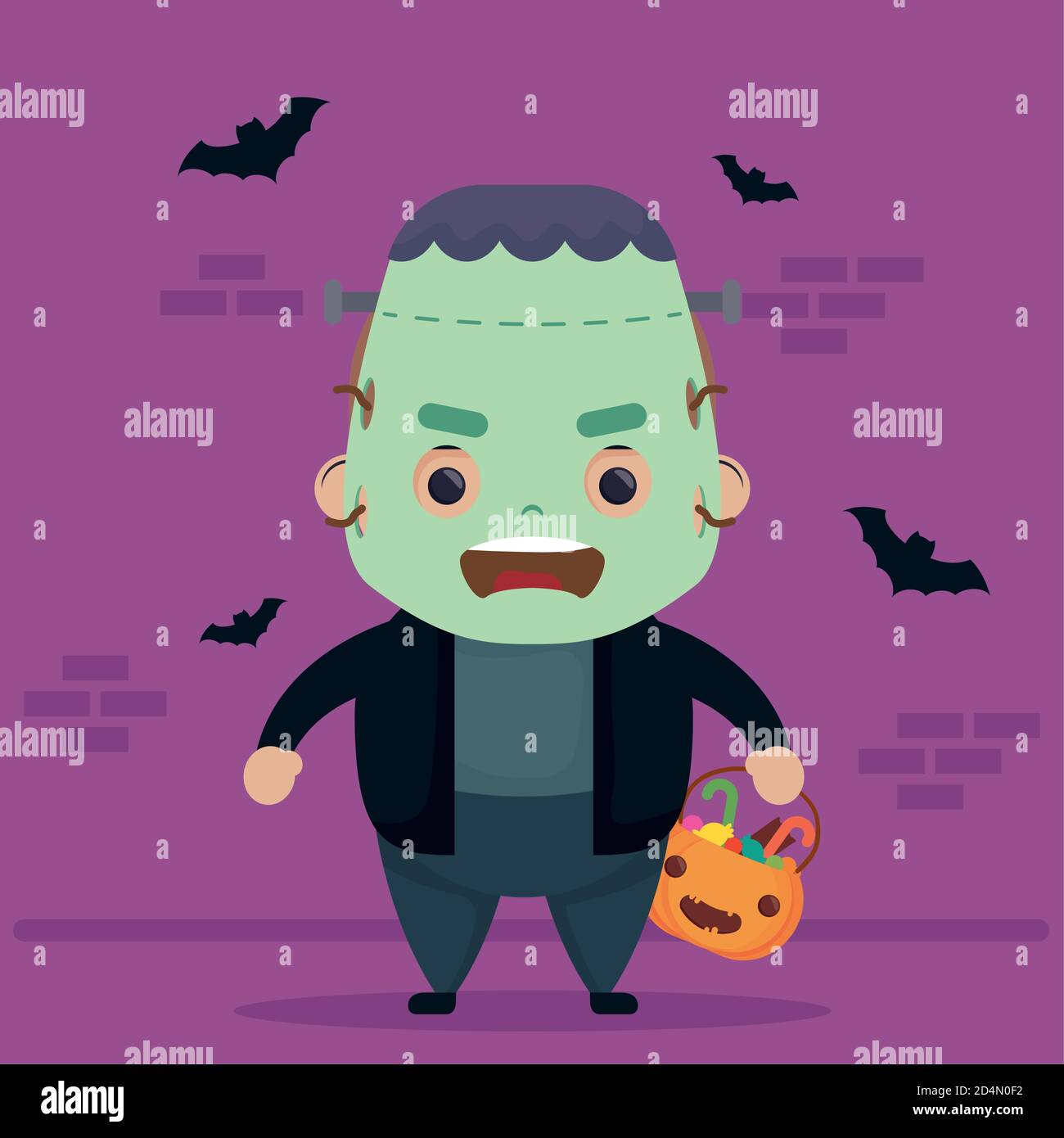 happy halloween cute frankenstein character and bats flying vector ...