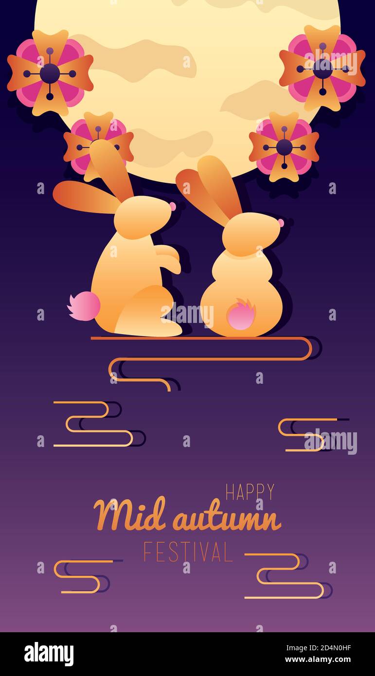 happy mid autumn festival lettering poster with rabbits in fullmoon ...