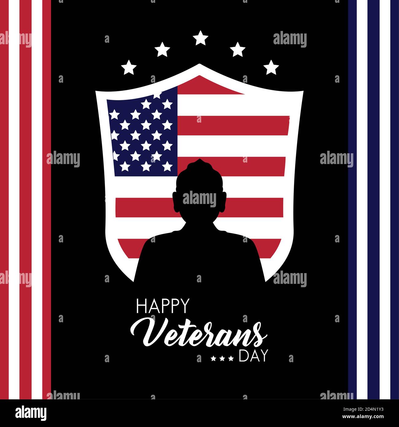 happy veterans day lettering with usa flag in shield and soldier ...