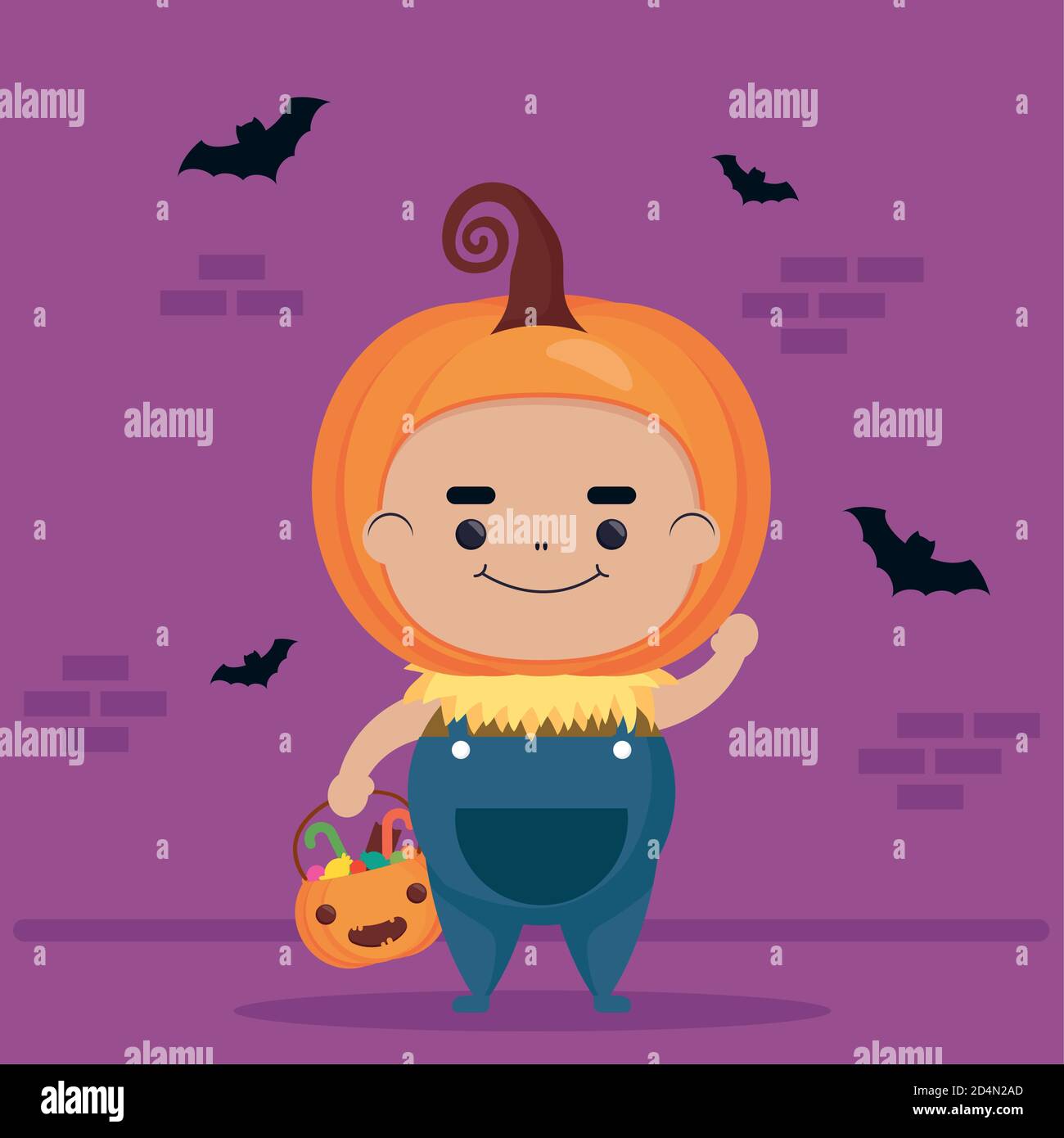 happy halloween cute pumpkin character and bats flying vector ...