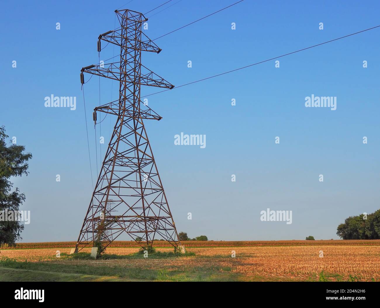 A electricty pylon and power lines stretching out across a rural field ...