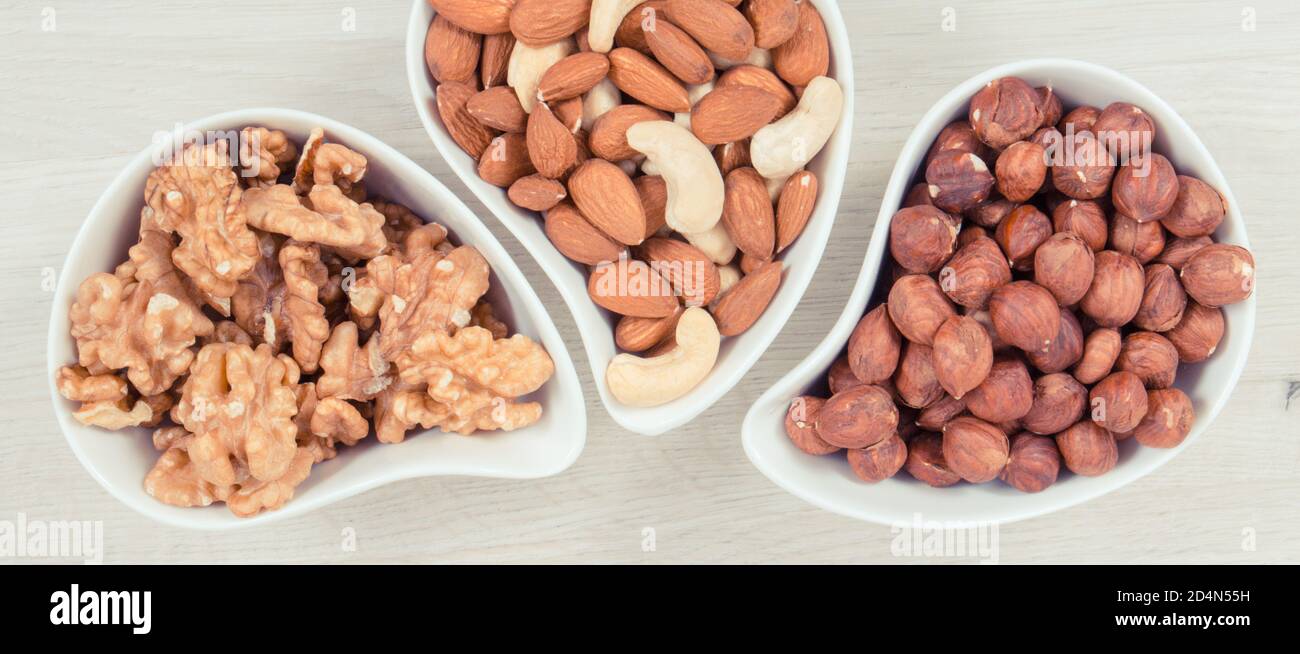 Various nuts and almonds as source healthy natural vitamins and