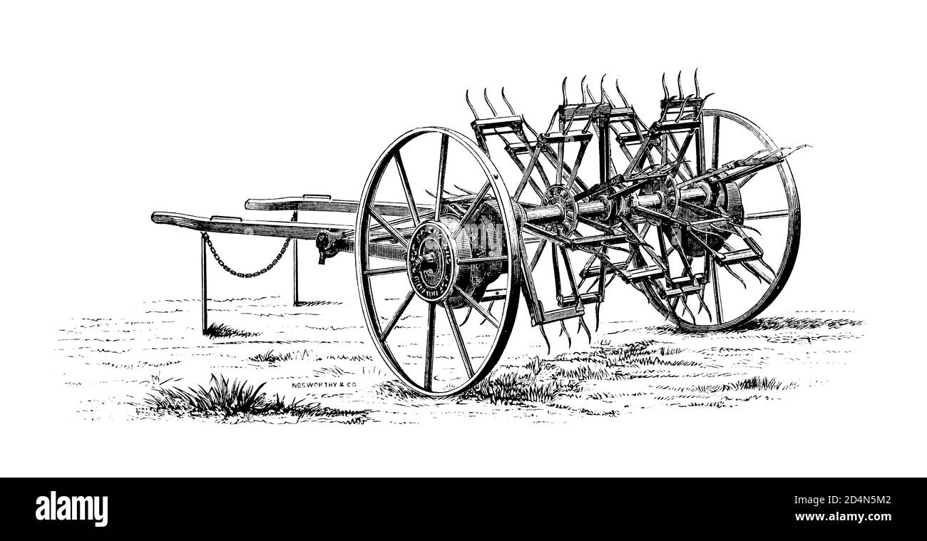 Antique Agricultural Farming Equipment - Vintage Farmers Tools and Machines from 19th century Original Art Antique Illustration Black and White Stock Photo