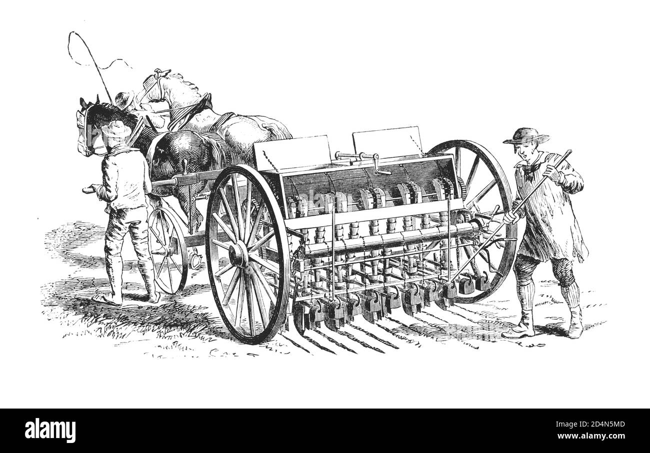 Antique Agricultural Farming Equipment - Vintage Farmers Tools and Machines from 19th century Original Art Antique Illustration Black and White Stock Photo