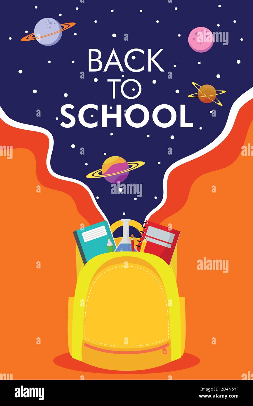 back to school season poster with schoolbag and space icons vector ...