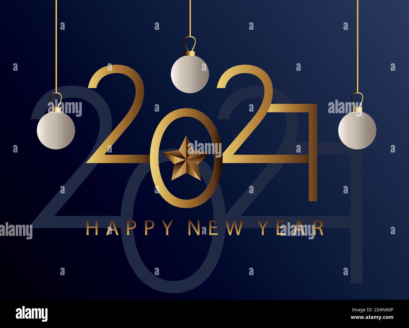 happy new year 2021 golden lettering and balls hanging vector illustration design Stock Vector