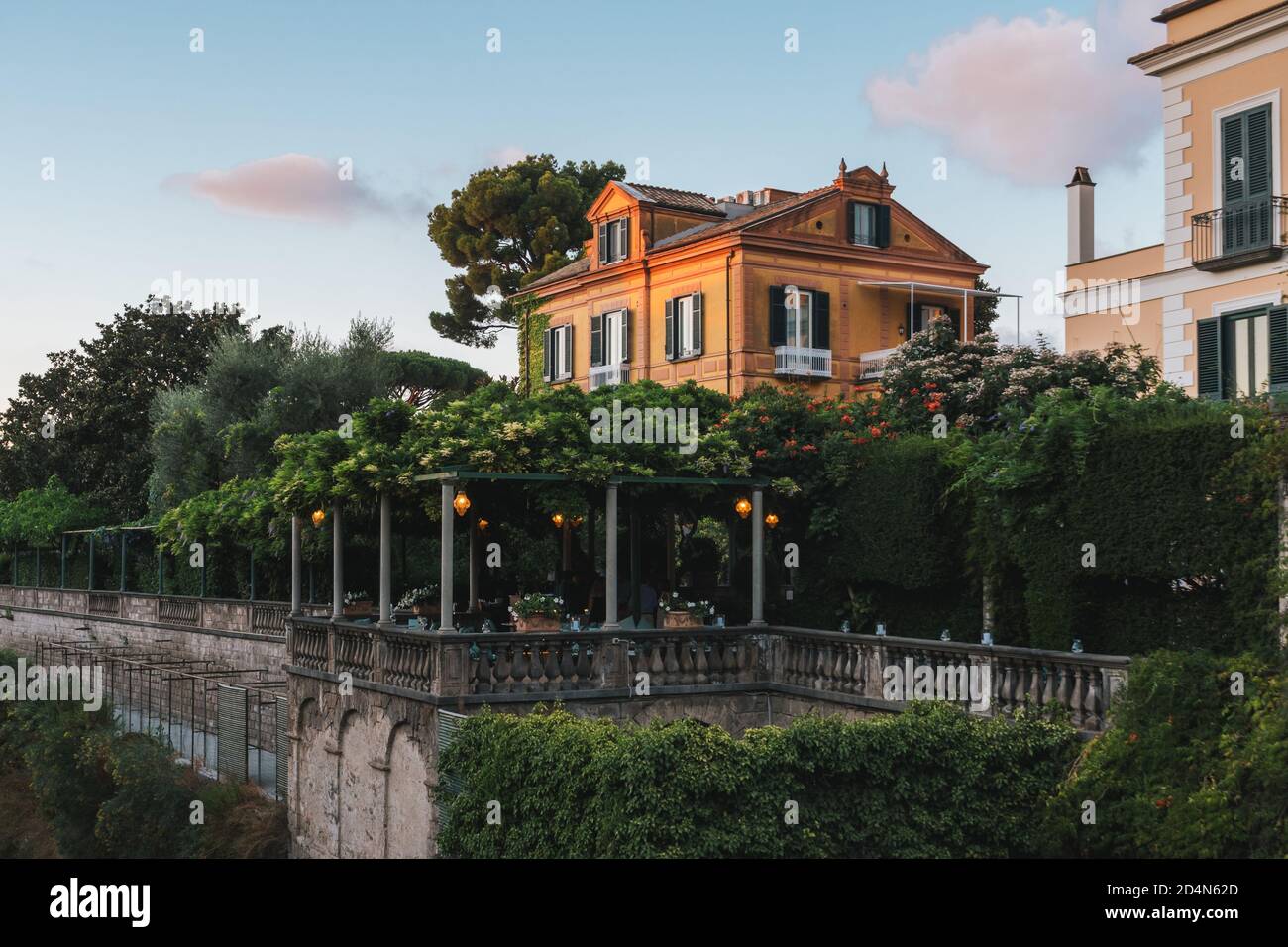 Sorrento. Italy - August 26 2020: Excelsior Vittoria Grand Hotel, Sorrento, Italy, a Leading Hotel of the World on a Cliff in the Evening Stock Photo