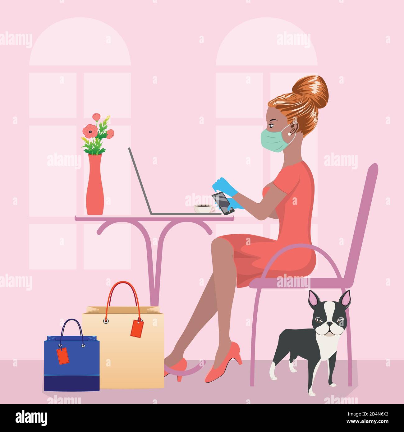Cartoon woman in mask with shopping bags working on laptop in cafe background. Stock Vector