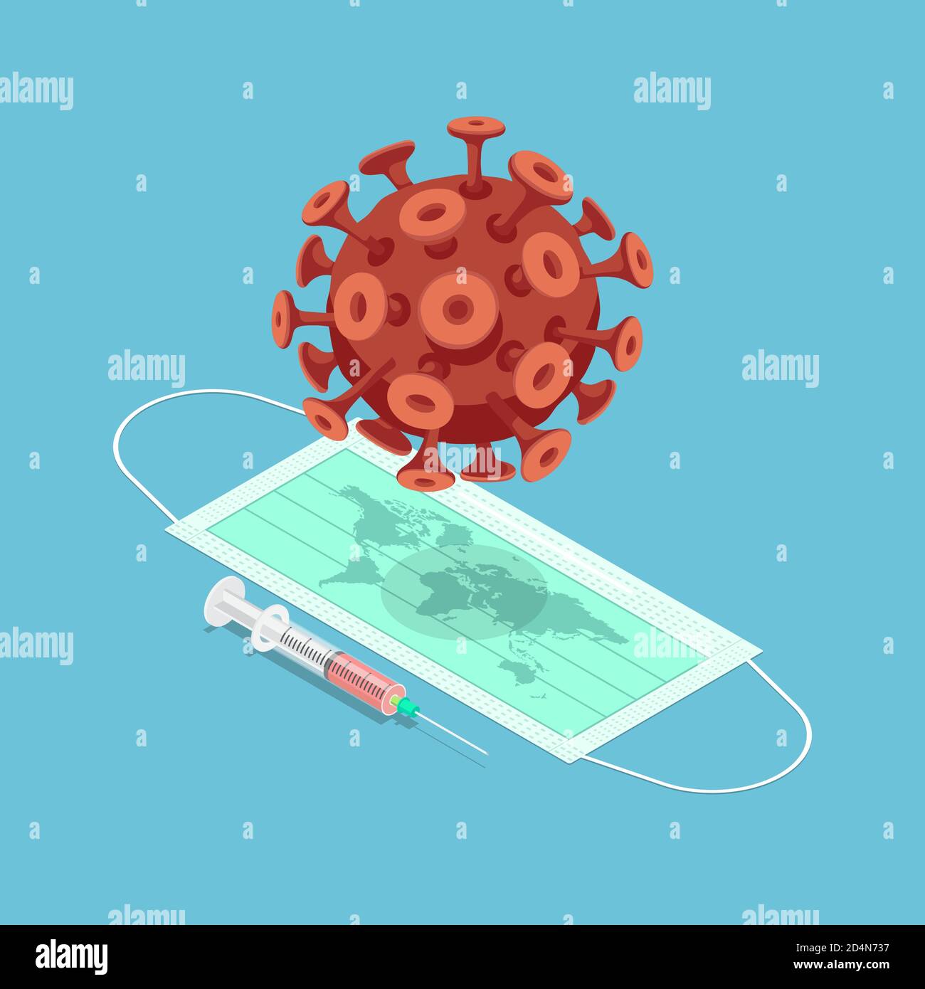 Flat 3d Isometric Covid-19 Virus Over The Surgical Mask with World Map and Vaccine Syringe. New Normal and COVID-19 Virus Prevention Concept. Stock Vector