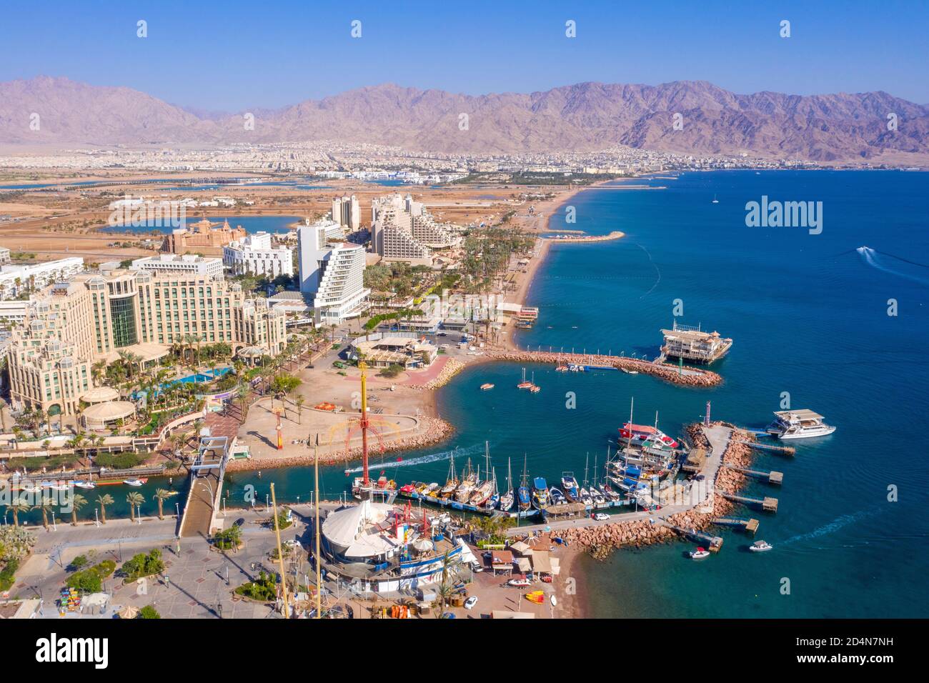 Eilat coastline, waterfront hotels and The Red Sea , Aerial view Stock Photo