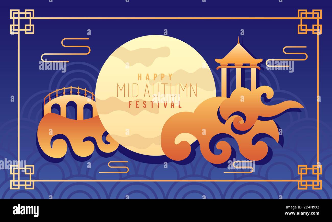 happy mid autumn festival poster with fullmoon and clouds scene vector ...
