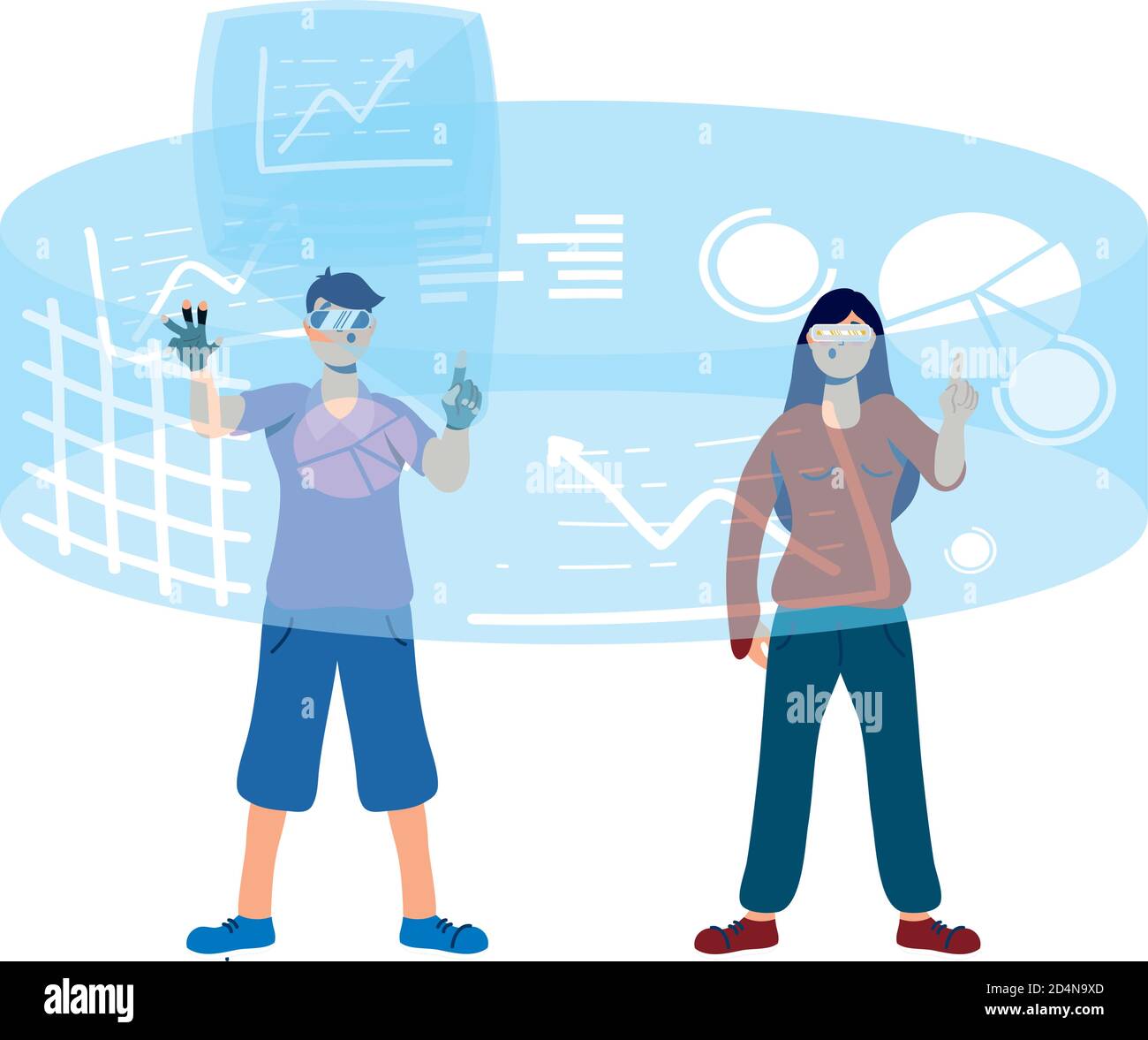 young couple using glasses and reality virtual display around vector illustration design Stock Vector