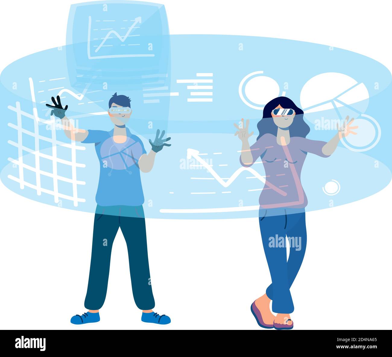 young couple using glasses and reality virtual display around vector illustration design Stock Vector