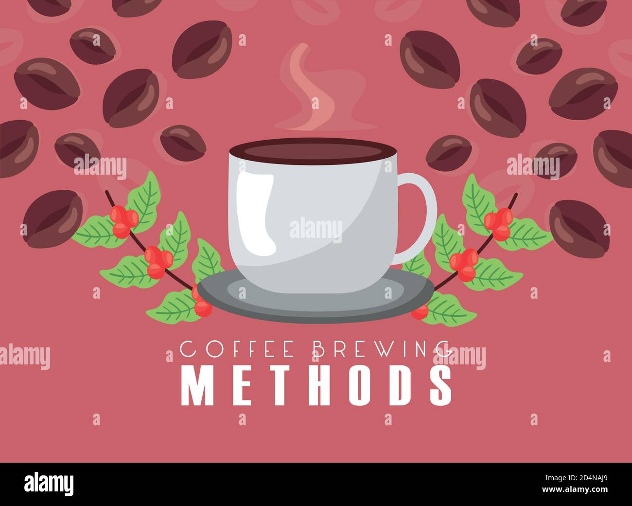 coffee brewing methods poster with cup and beans vector illustration