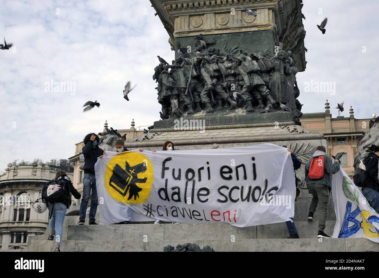 Milan (Italy), October 2020, the young people of Friday for Future, after the interruption due to Covid 19 epidemic, return to the streets to protest against climate change, trying to respect healt security measures; protest against the ENI oil company Stock Photo