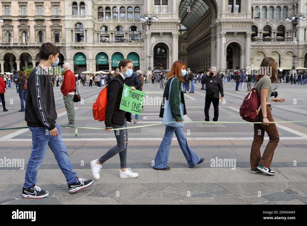 Milan (Italy), October 2020, the young people of Friday for Future, after the interruption due to Covid 19 epidemic, return to the streets to protest against climate change, trying to respect healt security measures. Stock Photo