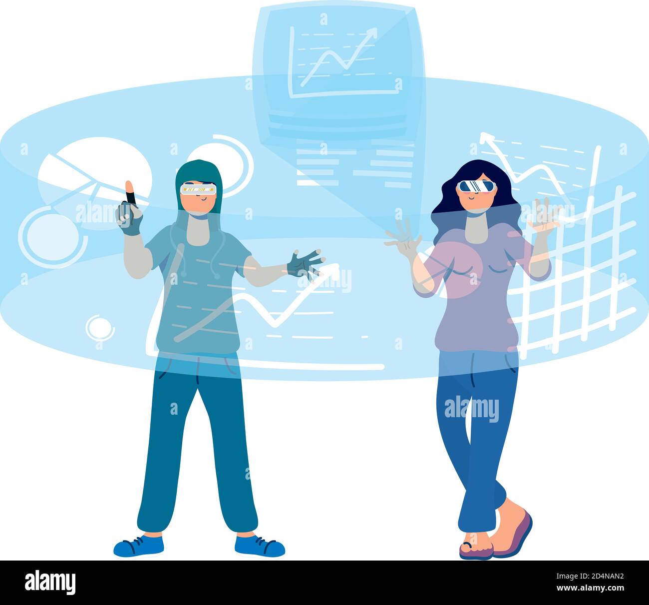 young couple using glasses and reality virtual display around vector illustration design Stock Vector