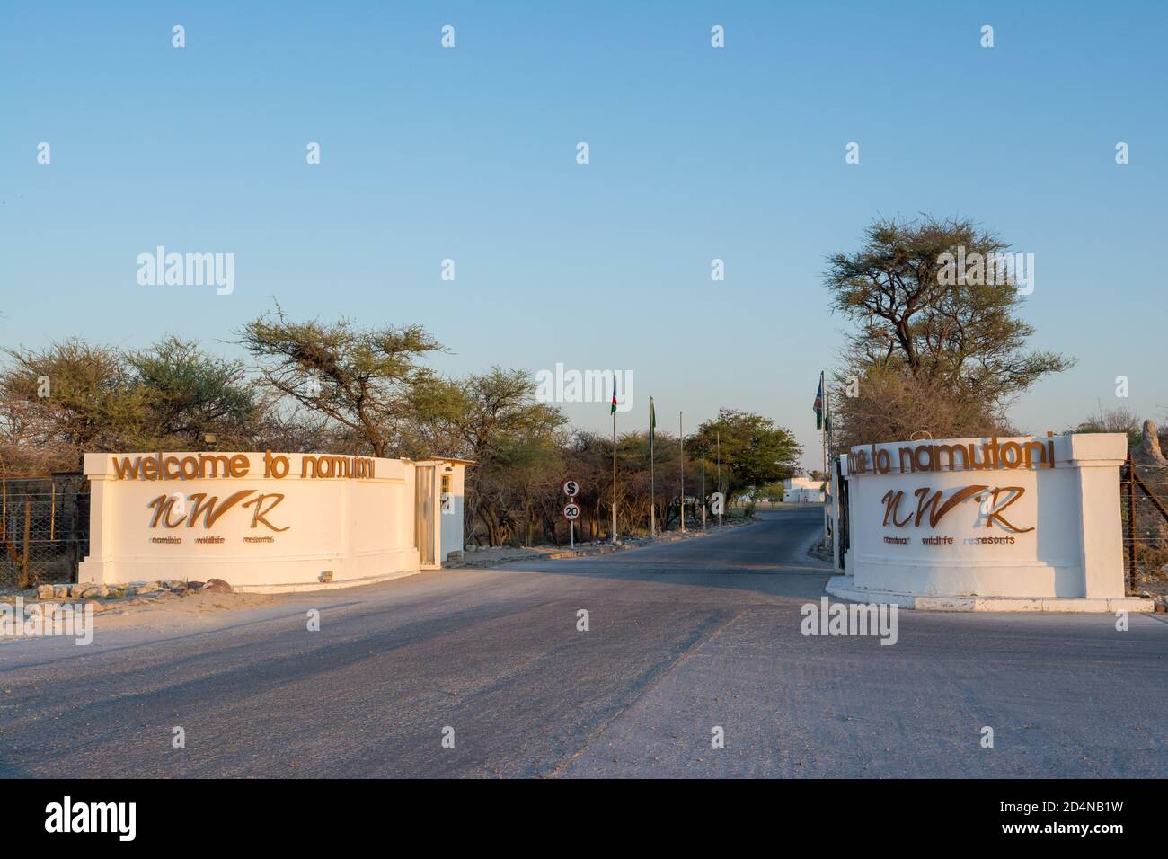 main gate in namutoni campsite, Etosha National Park, Namibia Stock Photo