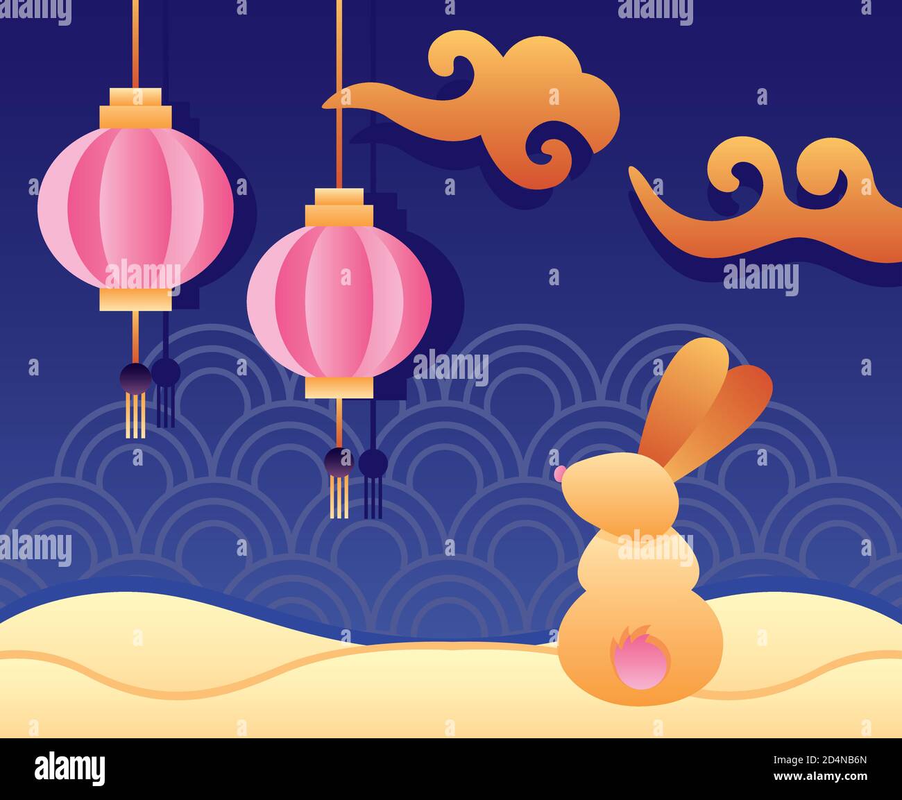 happy mid autumn festival poster with rabbit and lanterns hanging ...