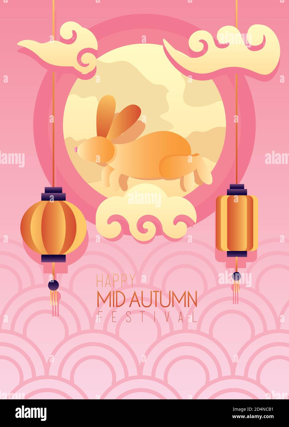 happy mid autumn festival lettering poster with rabbit and lanterns in ...