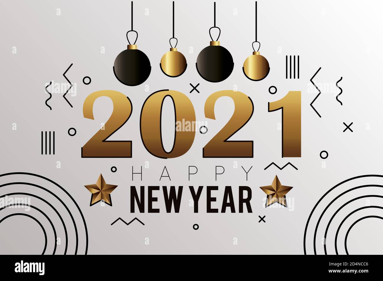 happy new year 2021 golden lettering with balls hanging card vector illustration design Stock Vector
