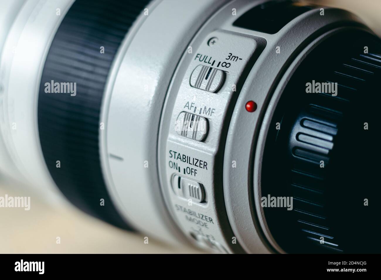 Canon telephoto zoom lens 100-400 millimeter with control switches in close up view. Stock Photo