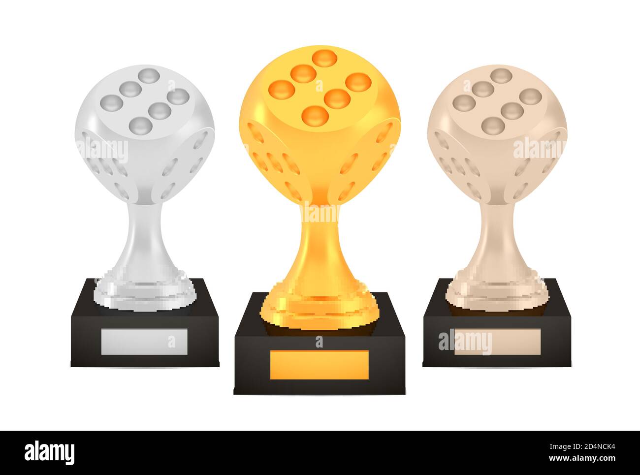 Winner dice awards set, gold silver bronze trophy cups on stands with empty plates Stock Vector