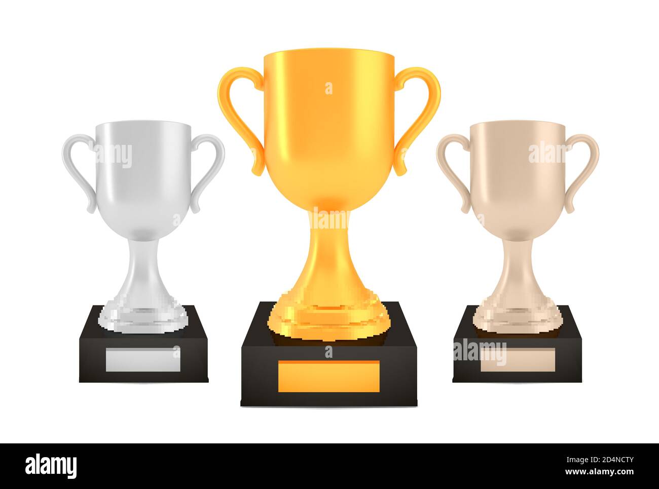 Winner awards set, gold silver bronze trophy cups on stands with empty plates Stock Vector