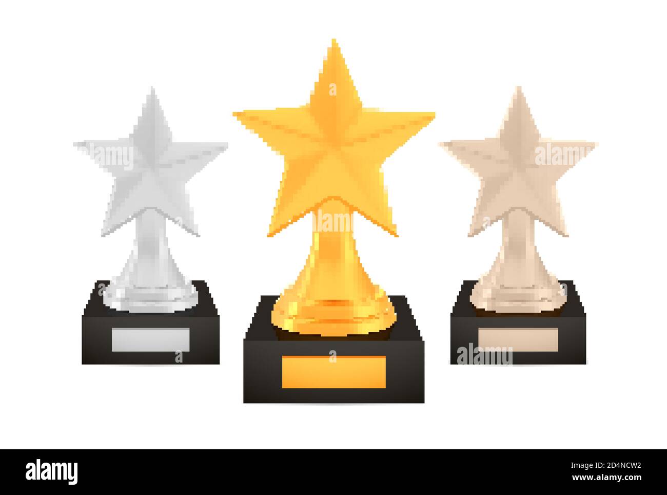 Winner star awards set, gold silver bronze trophy cups on stands with