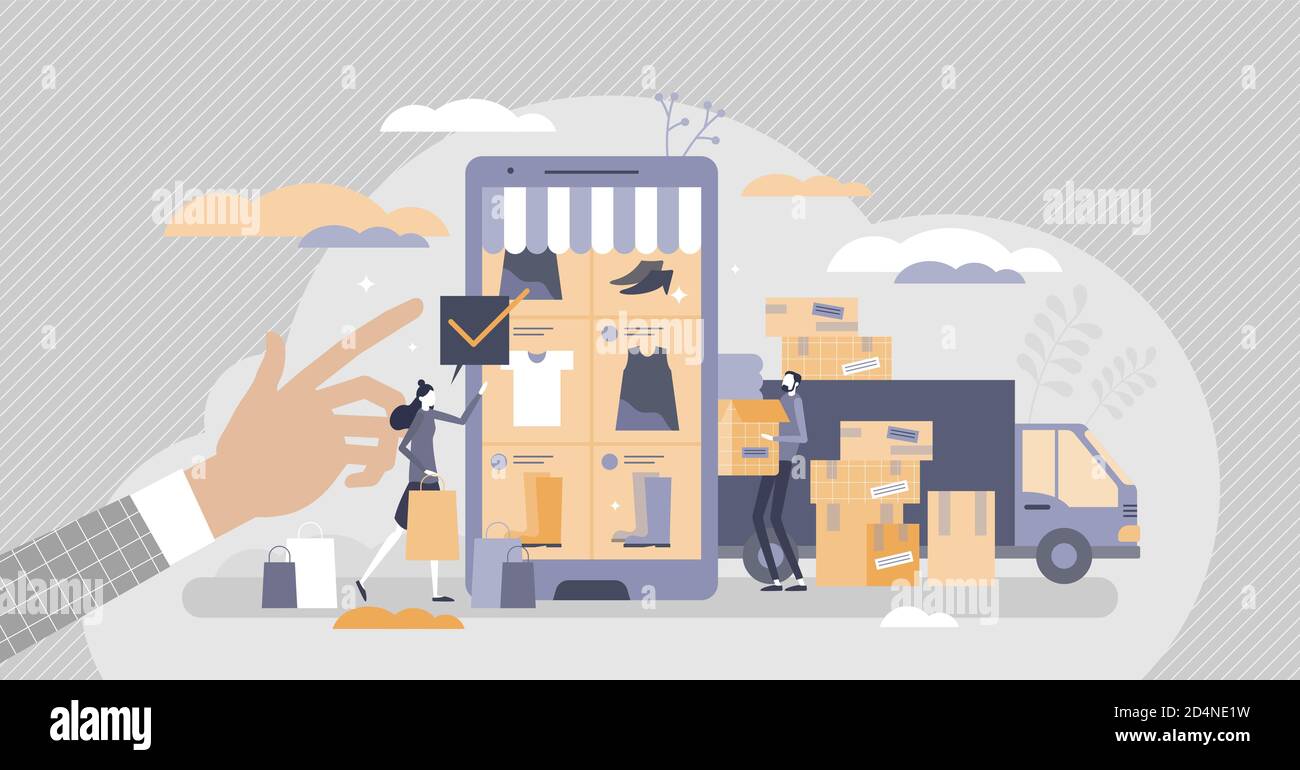 Retail shop with warehouse packaging process tiny person