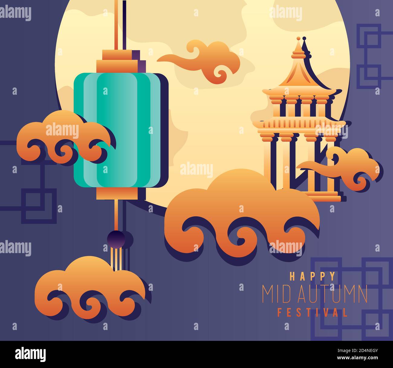 happy mid autumn festival lettering poster with lantern and castle in ...