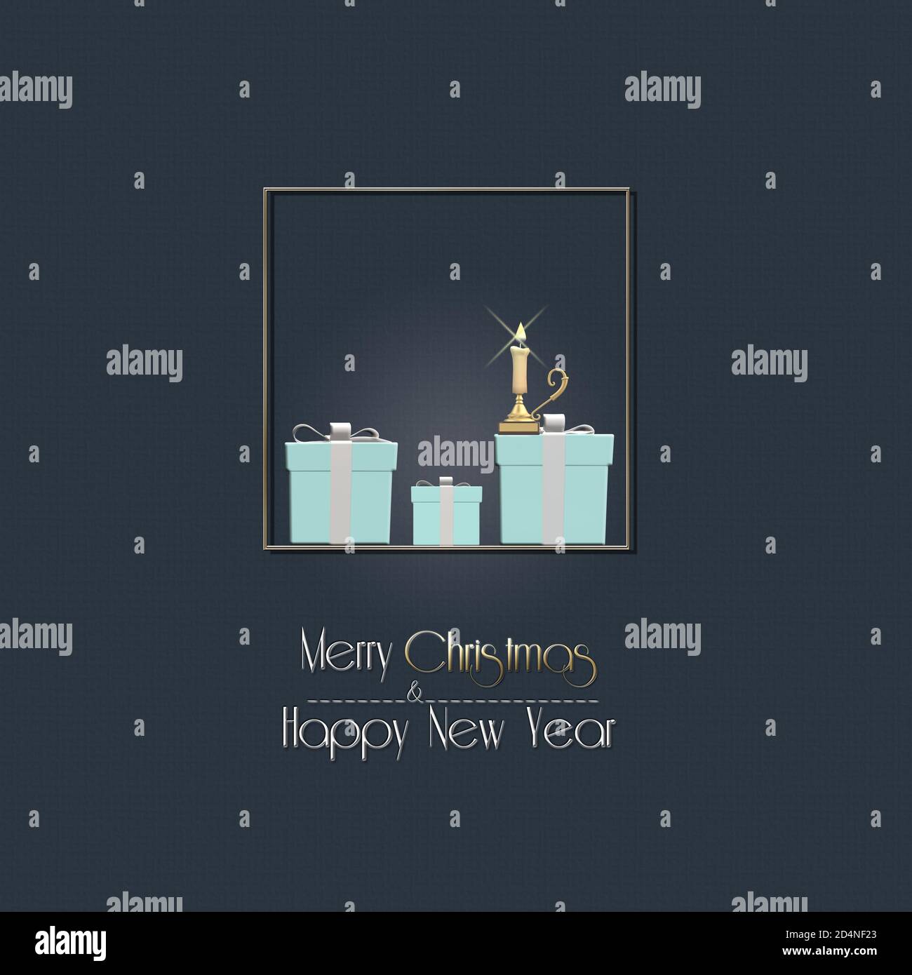 Magic night of Christmas. Turquoise blue gift boxes, burning candle over dark blue background in 3D illustration. Gold Text Merry Christmas Happy New Year Stock Photo